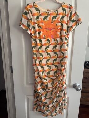 FARM Rio Orange Sun Midi Dress on Cream with Green Toucan Motif